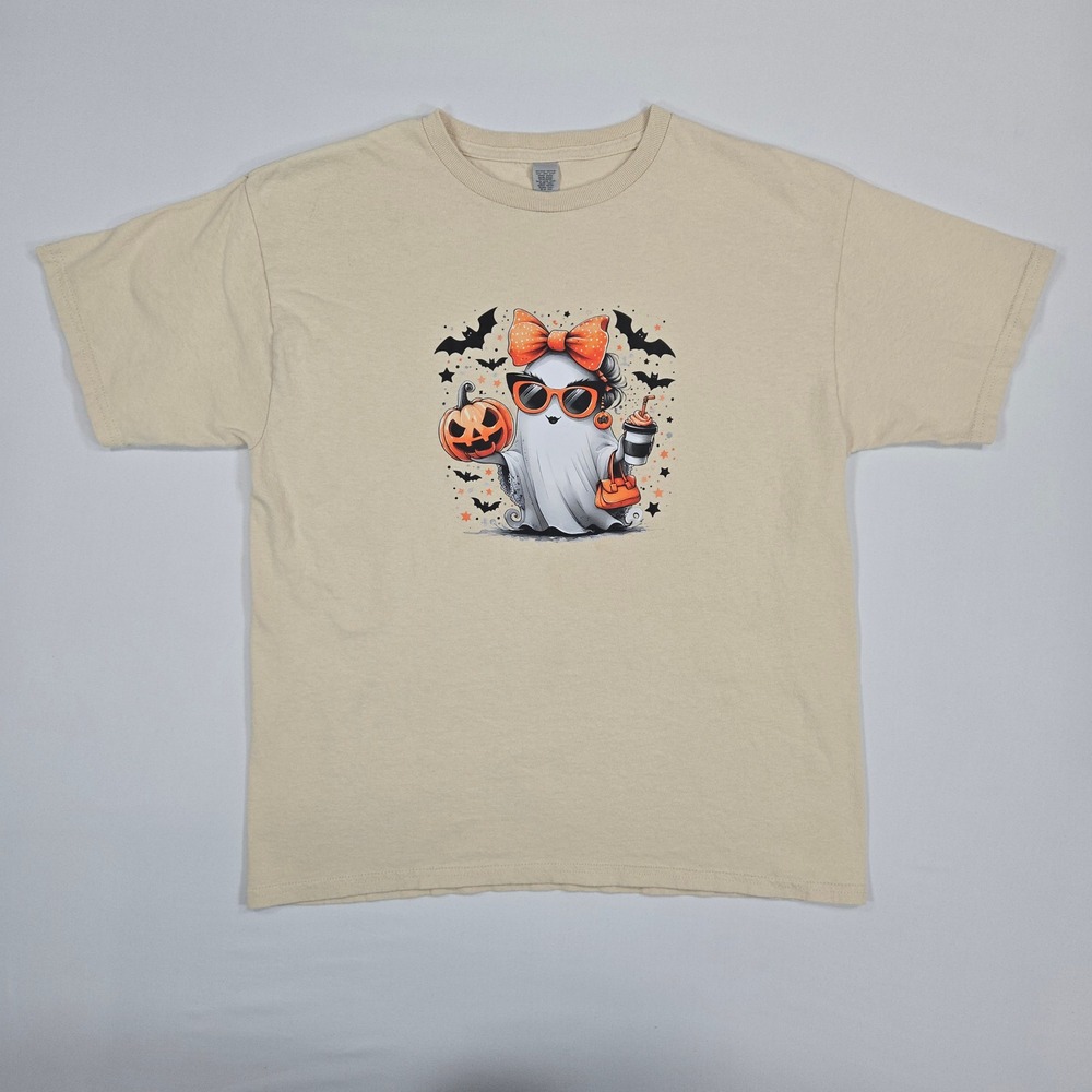 Halloween Ghost Pumpkin Graphic Tee Youth XL Beige Fall‎ T-Shirt